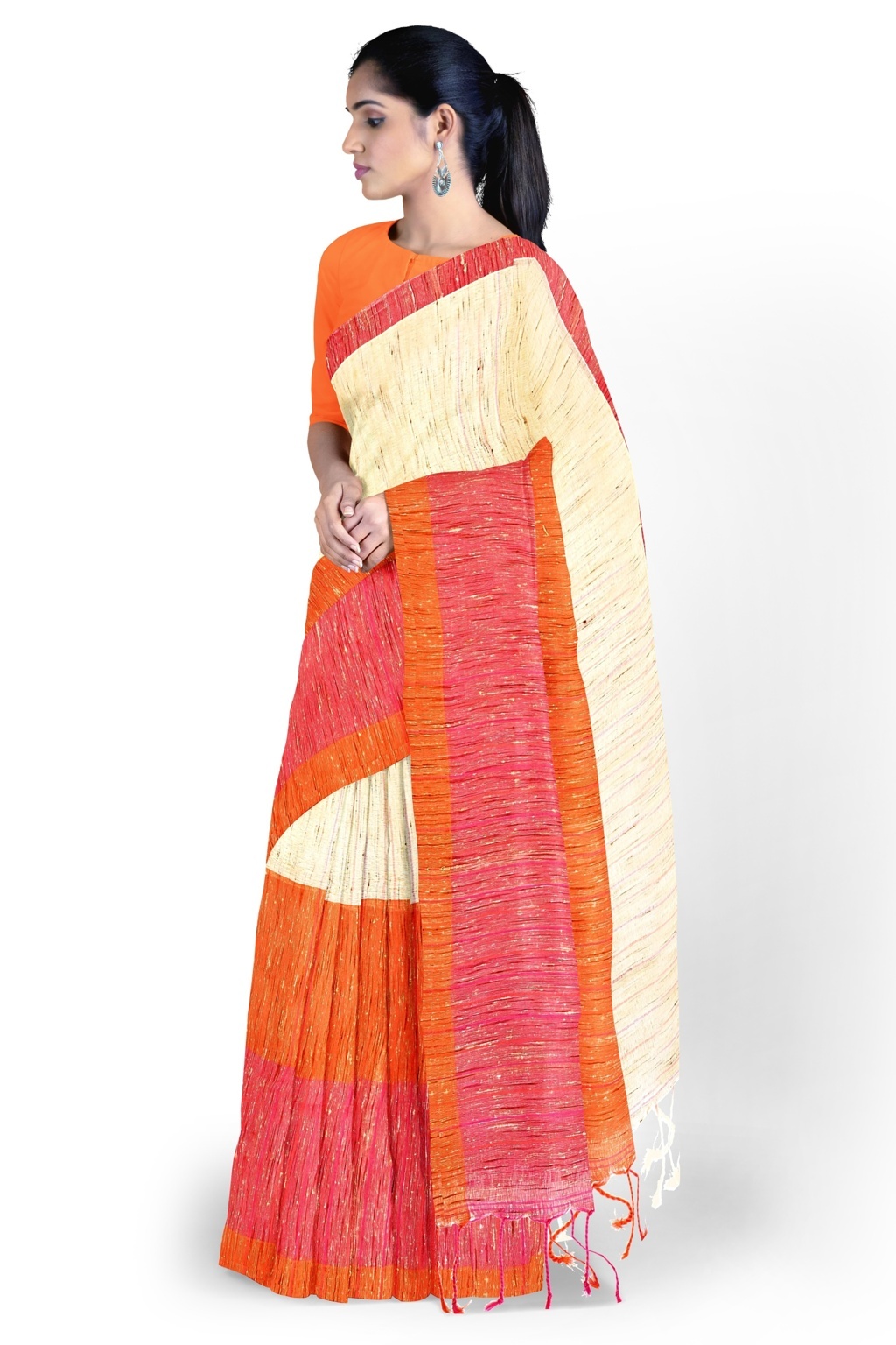 Orange White Pure Cotton Kusu Hand Loom Saree (1281)